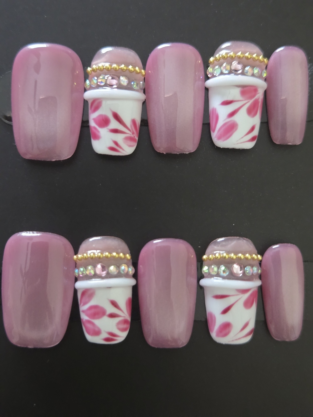 Hand Crafted Pink Floral & Gold Accent Press-On Nails